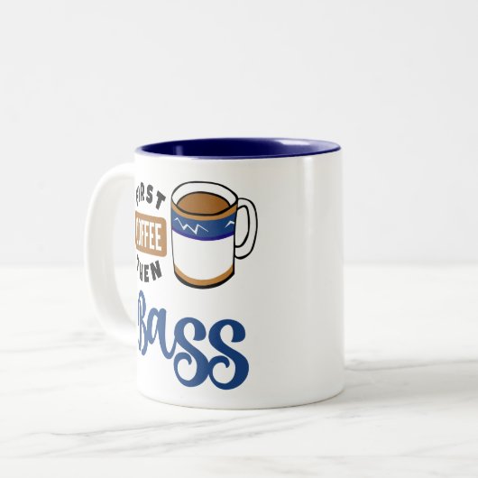 Eerst koffie en daarna pas je muziek op tweekleurige koffiemok (Voorkant links)