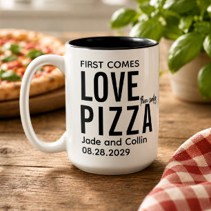 Eerst komt liefde, dan komt pizza   Leuke pizzafee Tweekleurige Koffiemok