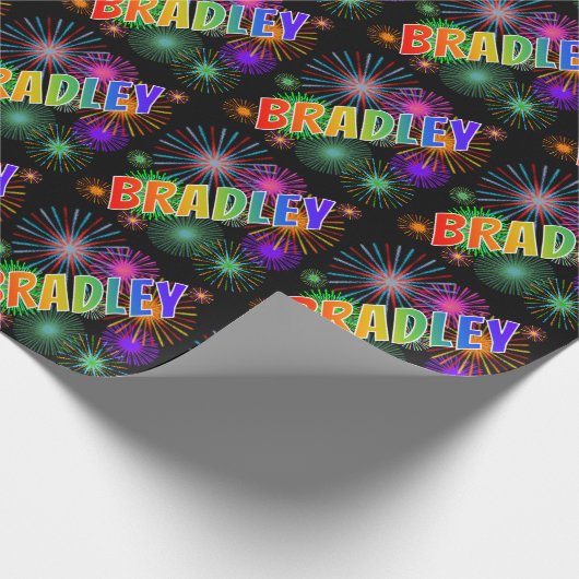 Eerst naam "BRADLEY" + Vuurwerk regenboog Cadeaupapier (Hoek)