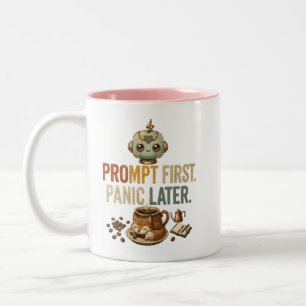 Eerst Prompt Later Paniek Grappige Ai Robot Tweekleurige Koffiemok
