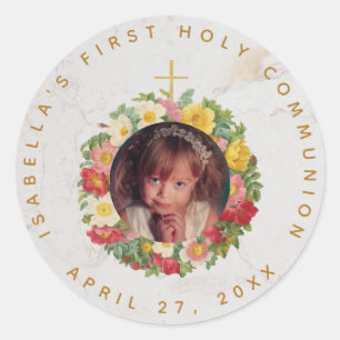 Eerstcommunie-meisje foto in marmeren rozenkrans ronde sticker