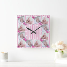 Eerste 12 maanden baby foto collage roze vlinder  vierkante klok