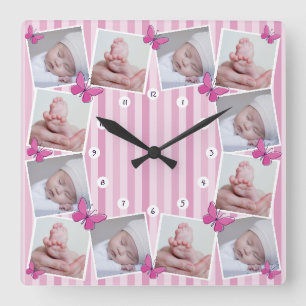 Eerste 12 maanden Baby fotocollage roze vlinder Vierkante Klok