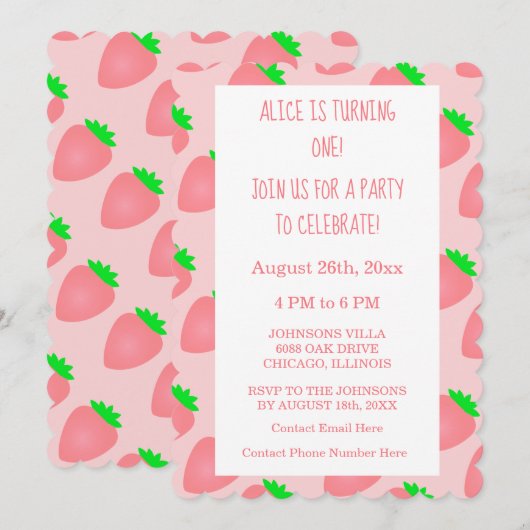 Eerste 1e Verjaardag Aardbei Roze Baby Meisje Scha Kaart (Voorkant / Achterkant)