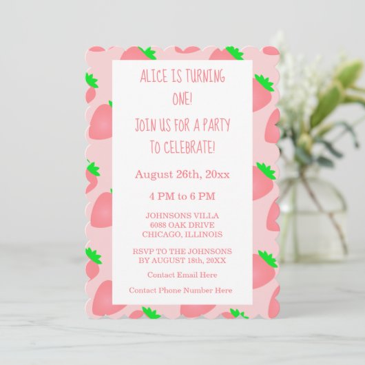 Eerste 1e Verjaardag Aardbei Roze Baby Meisje Scha Kaart (Staand voorkant)