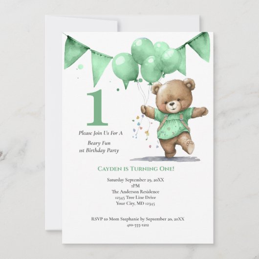 Eerste 1e verjaardag Beer ballonnen van Baby Boy Kaart (Voorkant)