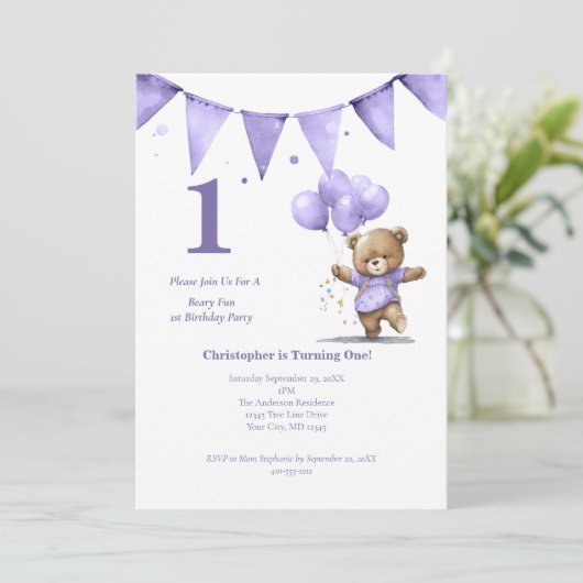 Eerste 1e verjaardag Beer ballonnen van Baby Boy Kaart (Staand voorkant)