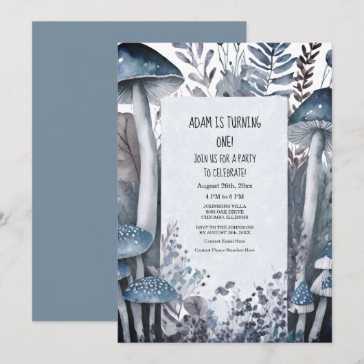 Eerste 1e verjaardag Blauwe Paddenstoelen Boho Woo Kaart (Voorkant / Achterkant)