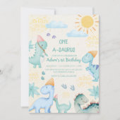 Eerste 1e Verjaardag Blauwe Waterverf Dinosaurusse Kaart (Voorkant)