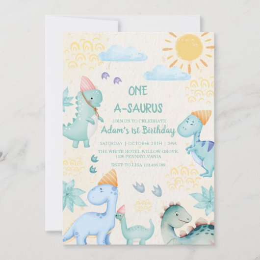 Eerste 1e Verjaardag Blauwe Waterverf Dinosaurusse Kaart (Voorkant)