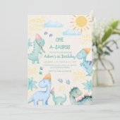 Eerste 1e Verjaardag Blauwe Waterverf Dinosaurusse Kaart (Staand voorkant)