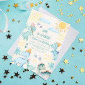 Eerste 1e Verjaardag Blauwe Waterverf Dinosaurusse Kaart