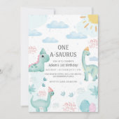 Eerste 1e Verjaardag Blauwe Waterverf Dinosaurusse Kaart (Voorkant)