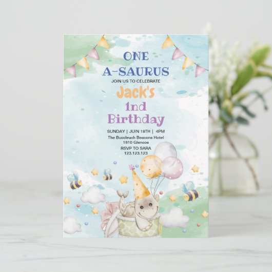 Eerste 1e Verjaardag Dino Dinosaur waterverf Kaart (Staand voorkant)