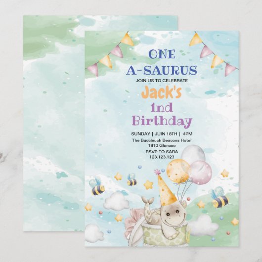 Eerste 1e Verjaardag Dino Dinosaur waterverf Kaart (Voorkant / Achterkant)