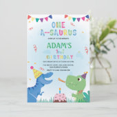 Eerste 1e verjaardag dinosaurus en taart kaart (Staand voorkant)