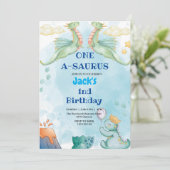 Eerste 1e Verjaardag Dinosaurus Waterverf Lichtbla Kaart (Staand voorkant)