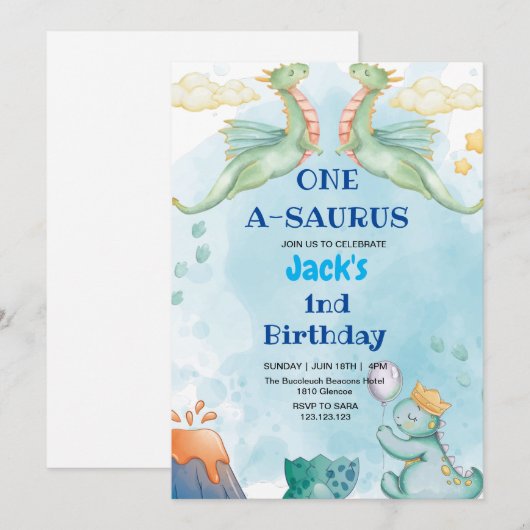 Eerste 1e Verjaardag Dinosaurus Waterverf Lichtbla Kaart (Voorkant / Achterkant)