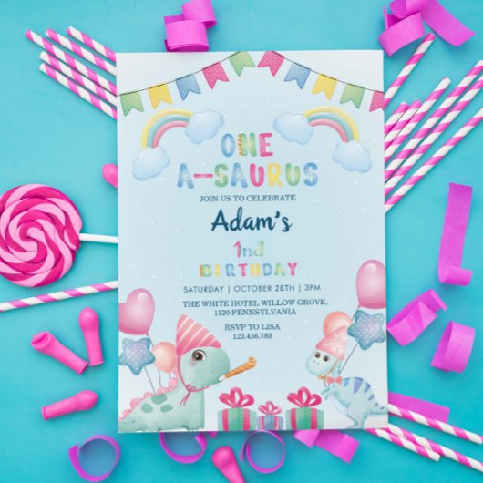 Eerste 1e verjaardag dinosaurussen & regenboog, li kaart
