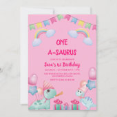 Eerste 1e verjaardag dinosaurussen & regenboog roz kaart (Voorkant)