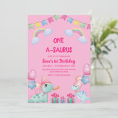 Eerste 1e verjaardag dinosaurussen & regenboog roz kaart (Staand voorkant)
