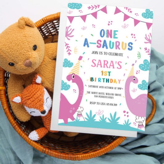 Eerste 1e verjaardag Donker & Licht Roze Dinosauru Kaart