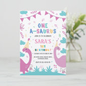 Eerste 1e verjaardag Donker & Licht Roze Dinosauru Kaart (Staand voorkant)