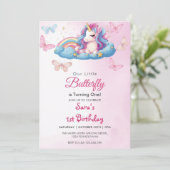 Eerste 1e Verjaardag Eenhoorn Roze Vlinder Kaart (Staand voorkant)
