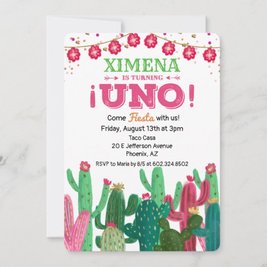 Eerste 1e verjaardag Fiesta Cactus uitnodiging (Voorkant)