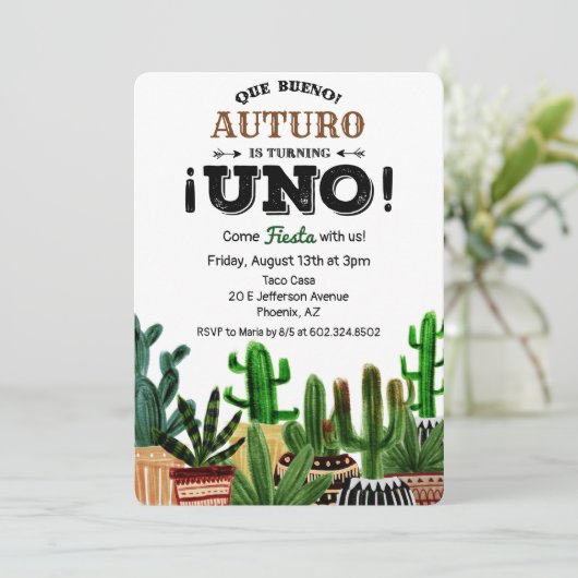 Eerste 1e verjaardag Fiesta Cactus uitnodiging (Staand voorkant)