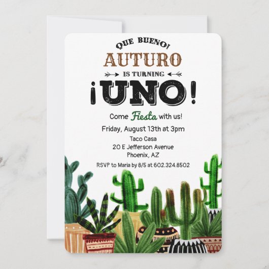 Eerste 1e verjaardag Fiesta Cactus uitnodiging (Voorkant)