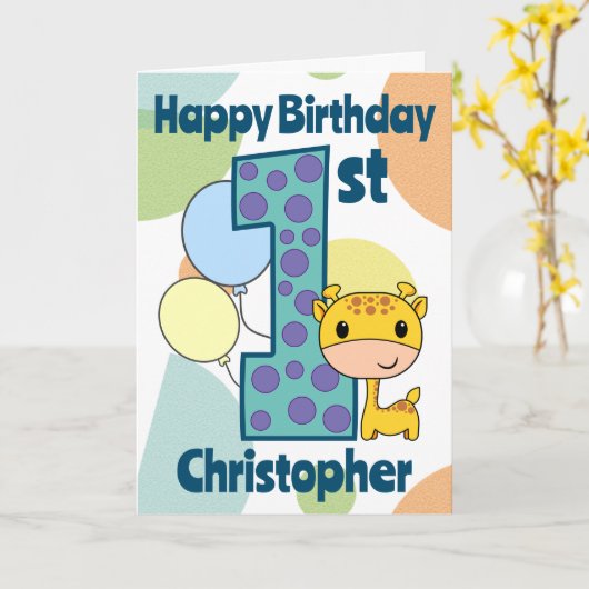 Eerste 1e Verjaardag Giraffe Custom Kaart (Gele Bloem)