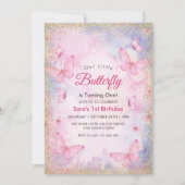 Eerste 1e verjaardag Glitter Pink Butterflies Part Kaart (Voorkant)