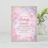 Eerste 1e verjaardag Glitter Pink Butterflies Part Kaart (Staand voorkant)