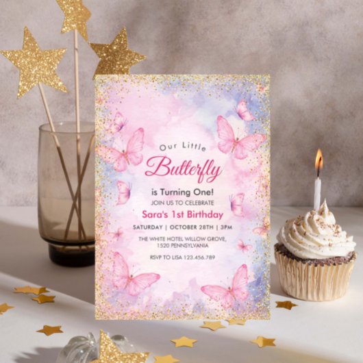 Eerste 1e verjaardag Glitter Pink Butterflies Part Kaart