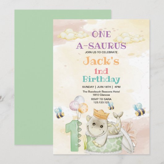Eerste 1e Verjaardag Groene Dinosaurus Waterverf Kaart (Voorkant / Achterkant)