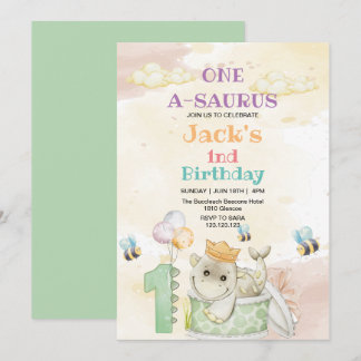 Eerste 1e Verjaardag Groene Dinosaurus Waterverf Kaart