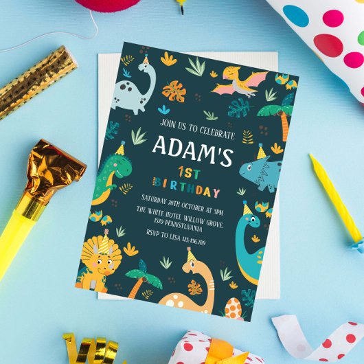 Eerste 1e verjaardag Groene Dinosaurussen Thema Kaart