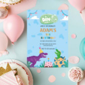 Eerste 1e verjaardag groene & Paarse dinosaurus Kaart