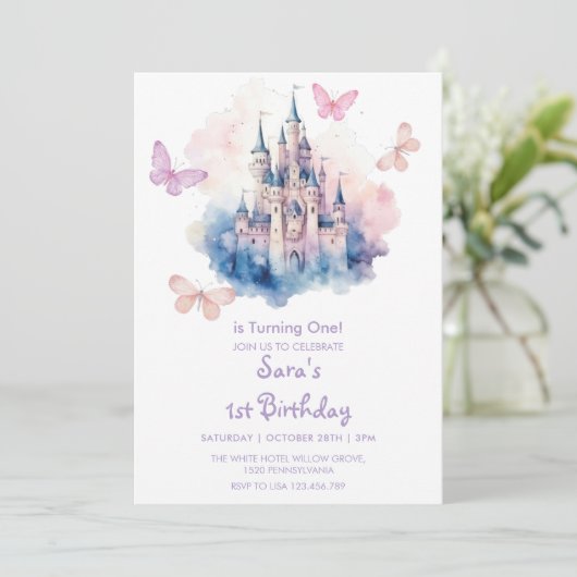 Eerste 1e Verjaardag Kasteel LItlle Vlinderfeest Kaart (Staand voorkant)