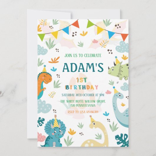 Eerste 1e verjaardag kleurrijke partij dinosaurus kaart (Voorkant)