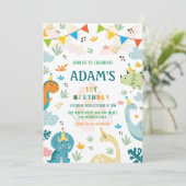 Eerste 1e verjaardag kleurrijke partij dinosaurus kaart (Staand voorkant)