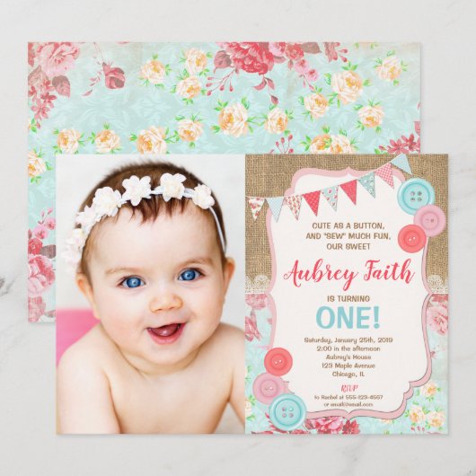 Eerste 1e verjaardag meisje schattig als een knop  kaart (Voorkant / Achterkant)