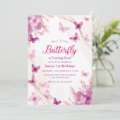 Eerste 1e Verjaardag Paarse Bloemen Vlinders Meisj Kaart (Staand voorkant)