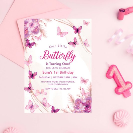 Eerste 1e Verjaardag Paarse Bloemenvlinders Party Kaart