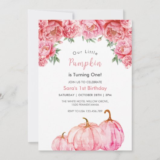 Eerste 1e verjaardag pompoen en roze bloemfeest kaart (Voorkant)