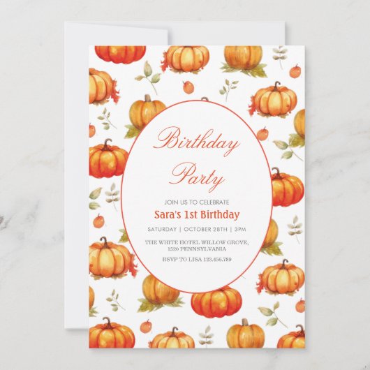 Eerste 1e Verjaardag Pompoen Waterverf Kaart (Voorkant)