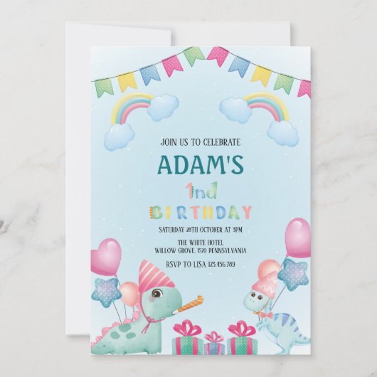 Eerste 1e verjaardag Regenboog & Groene Dinosaurus Kaart (Voorkant)