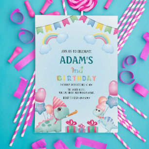 Eerste 1e verjaardag Regenboog & Groene Dinosaurus Kaart