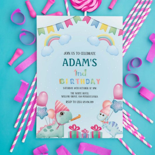 Eerste 1e verjaardag Regenboog & Groene Dinosaurus Kaart